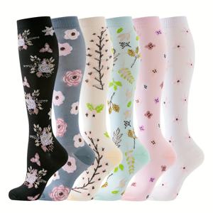 TEMU 여성과 남성을 위한 꽃무늬 무릎 높이 압박 양말, 통기성이 좋은 사계절용 지원 스타킹, 러닝 스포츠 남녀 긴 압축 양말