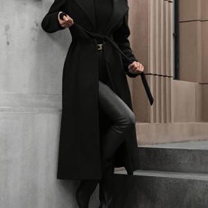 TEMU 여성용 우아한 롱 벨트 블랙 코트 - 가을 겨울 기계 세탁 가능 솔리드 컬러 아우터웨어, 조절 가능한 허리, 논스트레치 원단 & 구조적 디자인, 프로페셔널 & 캐주얼 스타일링, 고급스러운 룩, 내구성 있는 제작