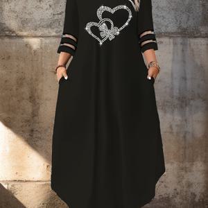 TEMU 우아한 여성용 플러스 사이즈 드레스, 라운드 넥, 하트 패턴, 메쉬 패널, 폴리에스터, 핏, 올 시즌, 3/4 소매