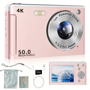 TEMU 핑크 50MP 디지털 카메라, 4K 스크린, USB 충전식 700mAh 리튬 폴리머 배터리, 안정화 기능이 있는 16배 광학 줌, 2.8인치 터치 스크린, 방수 기능 없음, 32GB SD 카드 포함 - 이상적인 생일 또는 크리스마스 선물