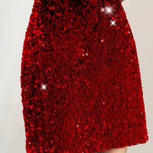TEMU 1pc BK112005 여성 세퀸 스커트, 단색 폴리에스터, 올 시즌 짜임 A라인 미니 스커트, 대비 세퀸 디테일