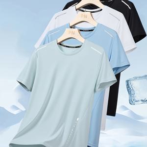 TEMU 4개 남성용 빠른 건조 운동용 티셔츠 - 통기성, 수분 흡수, 100% 폴리에스터, 크루 넥, 반팔, 단색 (연한 파랑, 검정, 흰색, 진한 파랑) 여름 운동 및 캐주얼 착용, 체육관 셔츠