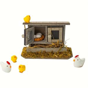 TEMU 1:12 스케일 미니어처 빈티지 목조 코프 세트, 2 마리의 닭, 3 마리의 새끼 닭, 3 개의 알, 1 개의 둥지 - 농가 장식, 전원 필요 없음, 인형집과 정원 디스플레이에 완벽한 정원 미니어처 | 농가 장식 | 세부적인 공예 기술, 미니어처 홈 데코