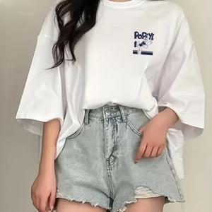 TEMU 플러스 사이즈 여성용 애니메이션 그래픽 반팔 티셔츠 - 일본식 한국 스타일 오버사이즈 라운드 넥 탑, 통기성 스트레치 원단, 세탁기 사용 가능한 캐주얼 여름 티, 편안한 일상복, 심플하고 멋진 디자인의 비침 방지 소재