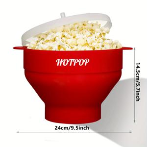 TEMU 1개 HOTPOP 전자레인지 팝콘 메이커 - 3L 대용량, 접이식 실리콘 볼, BPA 프리 및 식기세척기 사용 가능, 핑크색 흰 테두리, 가족 영화 밤에 완벽한 팝콘 그릇