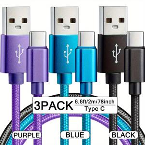 TEMU 고속 충전 케이블, 3개 나일론 브레이디드 USB-C 고속 충전 케이블 USB to Type-C 고속 데이터 동기화 코드 3.3ft/6.6ft/10ft USB A to USB C /Google/Pixel/Sony/Oppo/Moto 및 기타용|C타입충전기