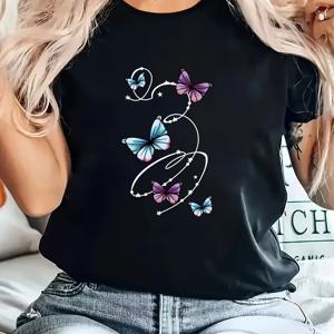 TEMU 나비 패턴 캐주얼 티셔츠, 라운드 넥 반팔 스포츠 티, 여성용 편안한 상의 그래픽