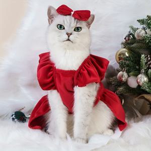 TEMU 크리스마스 고양이 드레스 - 러플 보디스 & 플레어드 리본, 생동감 넘치는 레드 트위드 소형 고양이 의상, 쉬운 슬립온 겨울 코스튬, 축제 사진 촬영 및 크리스마스 장식용 고양이 패션 액세서리