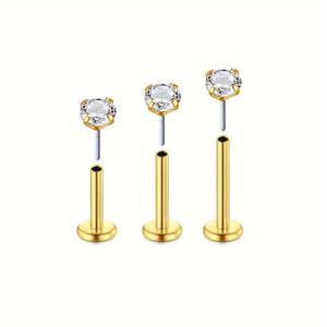 TEMU 남성용 16G 316L 스테인리스 골든 플랫 백 귀걸이 - 6mm, 8mm, 10mm 합성 지르코니아 주얼리, 포프롱 안전 세팅, 저자극성 바디 쥬얼리 (원형, 사각형, 하트, 별), 일상 및 특별한 날에 어울리는 다용도 바디 피어싱 스터드 디자인