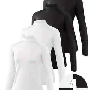 TEMU TELALEO 여성용 보온 플리스 안감 롱 슬리브 목폴라 셔츠 4pcs - 신축성 압박 베이스 레이어 탑, 세탁기 사용 가능, 블랙 & 화이트, 가을 겨울 아웃도어 스포츠 및 캐주얼 웨어, 겨울 셔츠