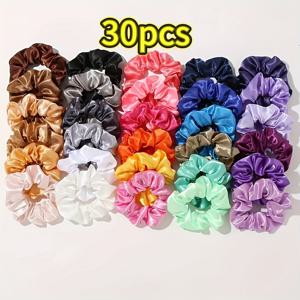 TEMU 12/30/50pcs 다양한 밝은 색상 사탕 헤어 스런치 - 부드럽고 반짝이는 마무리, 여성용 탄성 헤어 밴드, 포니테일, 부니, 헤어 스타일링에 완벽, 헤어 스런치