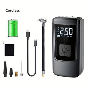 TEMU 디지털 압력 게이지가 있는 휴대용 타이어 공기 주입기, 150PSI 충전식 배터리, LED 라이트, USB 타입-C 충전 - 자동차, , 자전거에 적합 - 블랙, 디지털 디스플레이, 리튬 배터리 충전식 자전거 타이어 펌프