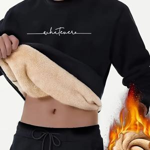 TEMU 남성 캐주얼 크루넥 스웨트셔츠 (양털 안감 포함) - 100% 폴리에스테르 니트 원단, 긴팔, 알파벳 패턴 풀오버 스타일, 약간의 신축성, 가을/겨울 컬렉션