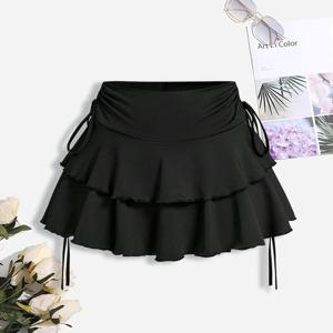 TEMU 시크한 여성용 하이웨이스트 미니 스커트 - 캐주얼 & 섹시, 블랙 폴리에스테르 혼방 러플 디테일, 세탁기 사용 가능, 봄/여름 패션에 완벽