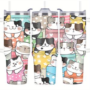 TEMU 귀여운 고양이 텀블러: 40oz/1100ml 스테인리스 스틸 여행 텀블러, 뚜껑 및 빨대 포함 - 고양이 애호가, 교사 및 휴일 선물에 완벽 - 진공 단열, 누수 방지 및 땀 방지