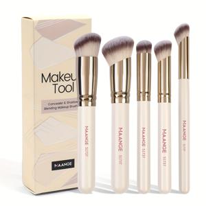 TEMU MAANGE 5pcs 전문용품 얼굴 메이크업 브러시 세트 - 파운데이션, 컨실러, 컨투어 브러시, 부드러운 나일론 브리스틀, ABS 플라스틱 핸들, 여행에 적합, 미용 애호가를 위한 이상적인 선물, 미용 필수품| Sleek Brush Design| 부드러운 브리스틀 브러시