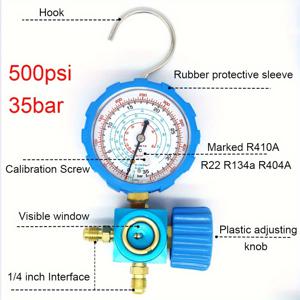 TEMU 냉매 압력 게이지 마노미터 | 투명 다이얼의 500 PSI 알루미늄 합금 | R410A, R22, R134A, R404A 호환성 | 파란색 고무 보호 슬리브 및 가시 창 | 내구성 있는 금속 구조 | HVAC 및 에어컨 시스템, 에어컨 유지 관리에 이상적 | 기능적인 게이지 | 알루미늄 합금 도구