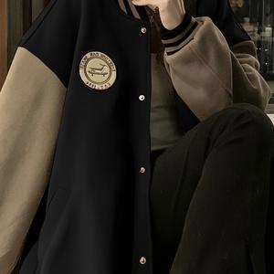 TEMU 여성용 레트로 스타일 베이스볼 재킷 - 캐주얼, 두꺼운 & 루즈핏 버튼 디테일, 세탁기 사용 가능