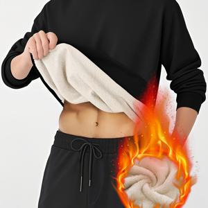 TEMU 남성용 플리스 안감 크루넥 스웨트셔츠, 프레피 스타일 단색, 100% 폴리에스터, 일반 핏, 약간의 스트레치, 니트 원단, 250gsm, 가을/겨울 보온