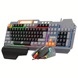 TEMU 1pc T16 LED 백라이트 기계식 키보드 및 광학 마우스 콤보, 내구성이 뛰어난 금속 하단 쉘, 유선, 배터리 필요 없음, PC 게임 설정과 호환 가능 - 화이트/블랙