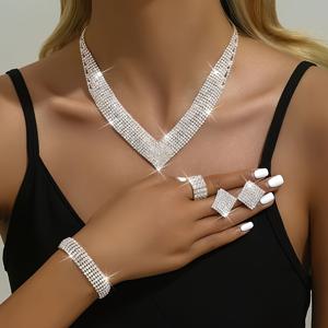 TEMU 럭셔리 4pcs 브리드얼 보석 세트, 풀 패브 라인스톤 V넥 클로 체인 목걸이, 귀걸이, 반지, 팔찌, 구리, 일상 착용, 모든 계절