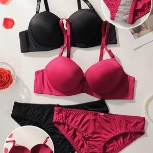 TEMU 여성을 위한 2pcs 섹시 란제리 세트, 편안한 언더와이어 브라, 비탈퇴 패딩, 중간 허리 브리프, 니트 소재, 폴리에스테르 85%, 엘라스탄 15%, 단색, 백리스 디자인, 중간 지원 - 성인 라쉬 세트