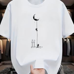 TEMU 남성용 캐주얼 그래픽 티셔츠 - 부드러운 폴리에스터 혼방, 크루 넥, 반팔, 여름 스타일의 독특한 달과 인물 프린트, 캐주얼 의상에 적합한 가벼우면서 편안한 티셔츠, 일상용 티셔츠 | 예술적 디자인 셔츠 | 가벼운 셔츠|반팔티|티셔츠|남자셔츠