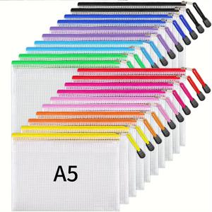 TEMU 10/20개 팩 A5 사이즈 지퍼 그리드 파일 백, 10가지 색상 - 방수 PVC, 학교 및 사무용품에 적합, 화장품 여행 보관 가방