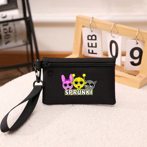TEMU Sprunki 남성용 컴팩트 동전 지갑 & 지갑 - 스타일리시한 블랙 폴리에스터와 컬러풀 토끼 귀 디자인, 일상 사용을 위한 휴대 가능한 미니 손목 가방, 소형 지갑