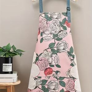 TEMU 로즈 오일 페인팅 아트 프린트 앞치마, 한쪽에 조절 가능한 어깨 스트랩, 양면으로 닦을 수 있는 손수건 디자인, 가정용 주방, 베이커, 정원사에게 적합한 실용적인 앞치마, 식사용 앞치마 커버