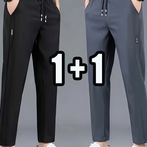 TEMU 남성용 빠른 건조 통기성 조거 팬츠 2개 세트 - 블랙 & 네이비 블루, 캐주얼 끈 허리 레그 바지 사이드 포켓 포함 사계절 야외 활동용 | 편안한 가벼운 원단, 올시즌 조거 팬츠 | 끈 허리밴드 | 단색 조거|냉장고바지|남자바지|바지