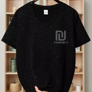 TEMU 여성용 핑크 글리터 V넥 티셔츠 - D 크리에이티비 로고, 봄/여름용 캐주얼 반팔 티, 부드럽고 편안한 원단, 캐주얼 의상에 완벽