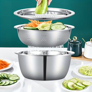 TEMU 통합 그라인더, 다기능 스트레이너 및 혼합용기가 있는 3pcs 스테인레스 스틸 주방 세트 - 과일, 채소, 치즈를 청소 및 슬라이싱하기에 완벽합니다. 식품 안전을 위한 배수 시스템 포함, 가정 요리, 주방 그라인더에 이상적입니다.