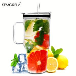 TEMU KEMORELA 1/2개 유리 텀블러와 빨대 및 뚜껑, 40oz 대형 핸들 커피 텀블러, 차량용 투명 물병, 캠핑 및 야외 활동용 - 뚜껑은 플라스틱입니다