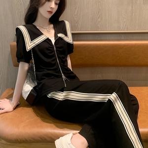 TEMU 세련된 스타일 패치워크 슈트 여성용 여름 패션 젊은 해군 칼라 반팔 와이드 레그 팬츠 2pcs 세트