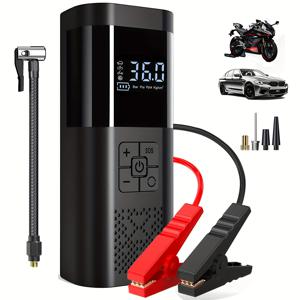 TEMU 150 PSI 휴대용 자동차 점프 스타터 및 에어 컴프레서 - 12V 36V 비상 파워뱅크, LCD 디스플레이 & LED 라이트, USB-C 고속 충전, 5.0L 가솔린/3.0L 디젤 클램프 포함, 자동차, 트럭, , SUV용 점프 박스 | 모던 디자인 | 견고한 구조|보조배터리|타이어