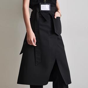TEMU 스타일리시한 블랙 폴리에스터 앞끈 긴 벨트 & 사이드 포켓 에이프런 - 요리, 바비큐 및 커피숍에 완벽, 패셔너블 주방용품, 기능적인 디자인