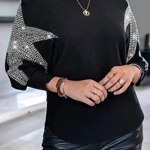 TEMU 우아한 오프숄더 박쥐 소매 탑, 라인스톤 디테일, 폴리에스터 스판덱스 혼방, 세탁기 사용 가능 - 다양한 색상으로 제공