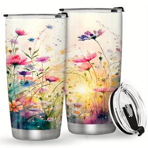 TEMU 20oz 스테인리스 스틸 단열 텀블러, 뚜껑 포함, 누수 방지 여행용 커피 머그, 기계 세척 가능, BPA 프리, 둥근 모양, 들판 꽃 디자인, 등산 및 야외 활동에 완벽, 여성 및 친구를 위한 이상적인 크리스마스/부활절/어머니의 날/졸업 선물