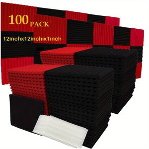 TEMU 100개 팩 아코스틱 폼 패널, 12x12x1인치 폴리우레탄 소음 감소 타일, 스튜디오 소음 방지 웨지, 이중 접착 테이프, 녹음 스튜디오, 음악실, 사무실, 게임 영역용 이코 감소 - 50개 블랙, 50개 레드