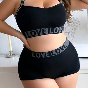 TEMU 2pcs 플러스 사이즈 여성 란제리 세트, 문자 프린트 패딩 없는 브라 및 여성용 반바지 박서 브리프, 일상 캐주얼 속옷 세트