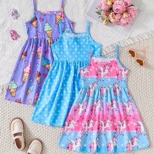 TEMU 3pcs 귀여운 유니콘 & 프린트 드레스 소녀용 - 편안한 스파게티 스트랩, 가벼운 폴리에스테르 혼방 - 여름 파티 및 휴일 의상에 이상적, 소녀용 드레스