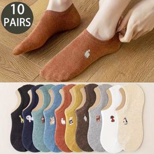 TEMU 10쌍 여성용 귀여운 캐릭터 무늬 노쇼 양말 - 100% 폴리에스터 소프트, 동물 디자인 일상 캐주얼용, 세탁기 사용 가능