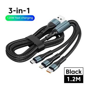 TEMU 3-in-1 초고속 충전 케이블, USB to Lightning/Type-C/Micro USB, 120W 고속 충전 및 데이터 동기화, 나일론 브레이드, 합금 , for iPhone Xiaomi Huawei용 내구성 있는 꼬임 없는 디자인