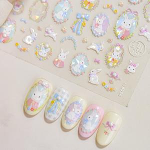 TEMU 5D 반짝이 만화 토끼 네일 아트 스티커 - 귀여운 버니 데칼과 꽃, 부착식 DIY 매니큐어 참, 이스터 및 봄 축제용, 빛나는 무취 폴리우레탄 소재