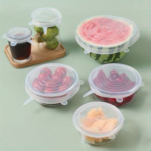 TEMU 6pcs FlexiSeal 실리콘 그릇 커버 - 재사용 가능한 탄성 식품 보관 뚜껑 - 식기 세척기 및 전자 레인지 안전, 보안 잠금 장치가 있는 투명, 주방 필수품 정리에 이상적, 식품 보관 솔루션|보안 잠금 장치 디자인|내구성 있는 실리콘
