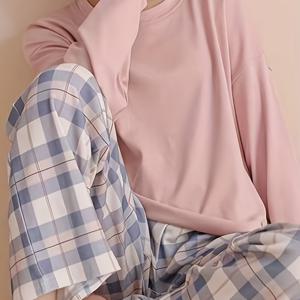 TEMU 청소년을 위한 봄과 가을을 위한 긴팔 파자마 세트, 편안한 가정용 레저 웨어, 체크 파자마 세트