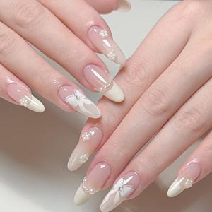 TEMU 10pcs 손으로 만든 프레스 온 네일, 우아한 나비 및 비즈 체인 디자인 - 달콤한, 풀 커버 네일, 누드 및 크림 톤, 쉽게 적용 및 제거, 여성 및 소녀에게 부드럽게, 네일 아트 | 폴카 도트 네일 | 광택이 있는 마무리