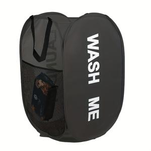 TEMU 1개 접이식 세탁 바구니 이중 칸막이 포함 - 'WASH ME' 및 'LAUNDRY' 프린트 패브릭 햄퍼, 손잡이가 있는 접을 수 있는 옷통, 기숙사 및 가정용 정리함(검정 & 회색), 기숙사 방 정리함 | 실용적인 보관 솔루션 | 휴대 가능한 저장 옵션, 세탁 바구니|빨래바구니