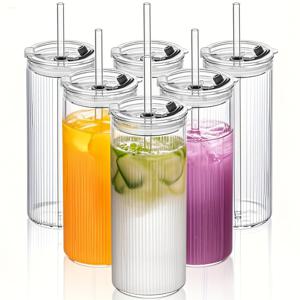 TEMU DOTOCOOK 6pcs 18oz 유리 텀블러 세트 - 뚜껑과 빨대가 있는 재사용 가능한, 누출 방지 컵 - 얼음 커피, 주스, 스무디용 - 투명한 둥근 드링킹 유리, 식기 세척기에서 안전, 휴일 및 일상적인 사용에 완벽|텀블러